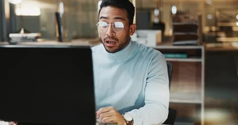 Night, man or shock with computer in office for phishing email, security breach Stock Photos