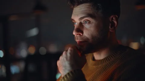 Night manager hands typing laptop working project overtime closeup. Pensive man Stock Footage 340168612