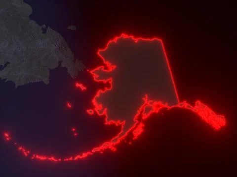 Night map of Alaska with glowing red state borders and bright city lights Stock Illustration