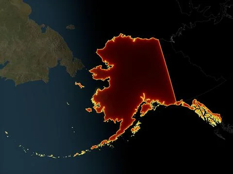 Night map of Alaska with glowing red state borders and city lights Stock Illustration
