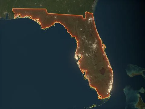 Night map of Florida with glowing red state borders and city lights Illustrazione stock