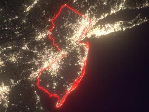Night map of New Jersey with glowing red state borders and bright city lights Stock Illustration