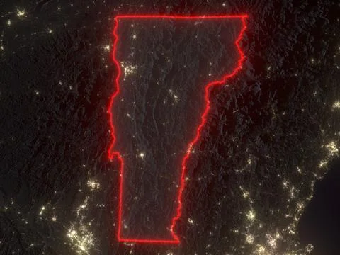 Night map of Vermont with glowing red state borders and bright city lights Stock Illustration