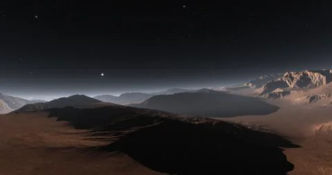 Night on Mars. Martian surface and dust in the atmosphere. 3d rendering Stock Illustration