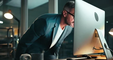 Night, mature man and computer with feedback for coding, programing and software Stock Footage 301389388