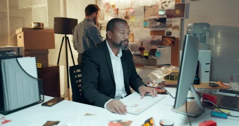 Night, men and computer in office, crime investigation and justice law system Stock Footage 314794165