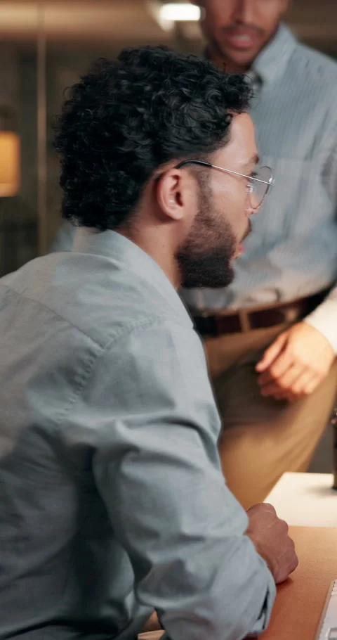 Night, mentor and employee with computer, office and help for software Video stock 322507655