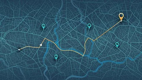 Night mode city map displaying specific travel route with start and end point Stock Illustration