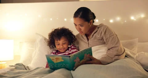 Night, mom or reading with happy child for bedtime story, fantasy or imagination Stock Footage 335288684