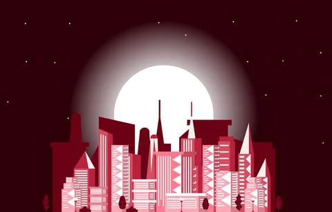 Night Moon Modern City Skyscraper Building Cityscape Skyline Illustration Stock Illustration