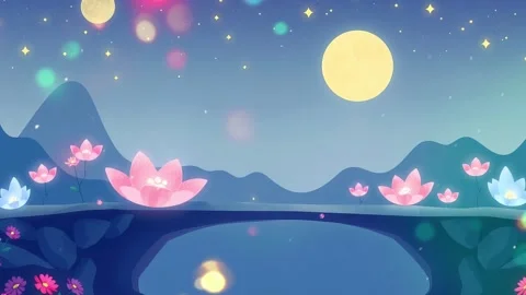 Night With a Moon River Flow: Moon at The Sky with a River Flowing and Flowers Video stock 306505293