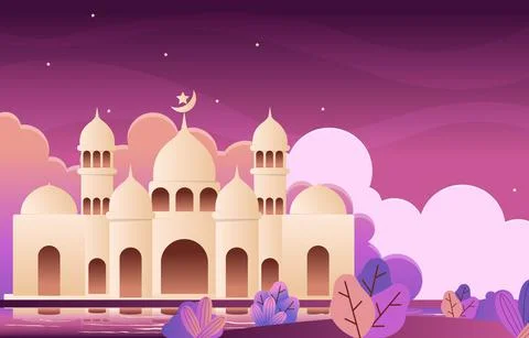 Night Mosque Ramadan Kareem Eid Mubarak Islamic Muslim Celebration Card Stock Illustration