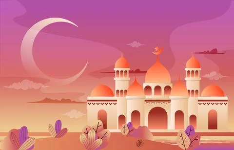 Night Mosque Ramadan Kareem Eid Mubarak Islamic Muslim Celebration Card Stock Illustration