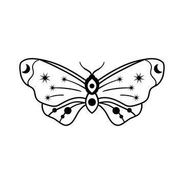 Night moth with crescent moon and stars isolated on white background . Hand Stock Illustration