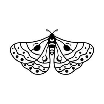 Night moth with crescent moon and stars isolated on white background . Hand Stock Illustration