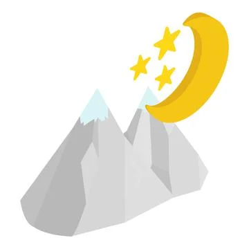 Night mountain icon isometric vector. Moon and star over two snow capped peak Ilustração Stock