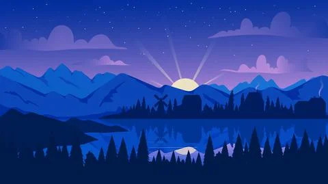 Night mountain landscape with pine forest, lake or river vector illustration Illustration