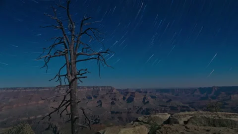 Night Mountain landscape with star trails in Grand Canyon, USA. 4K time lapse. Stock Footage 143494228