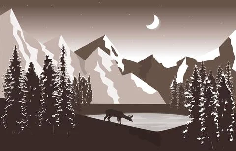 Night Mountain Peak Pine Trees Nature Landscape Adventure Illustration Stock Illustration