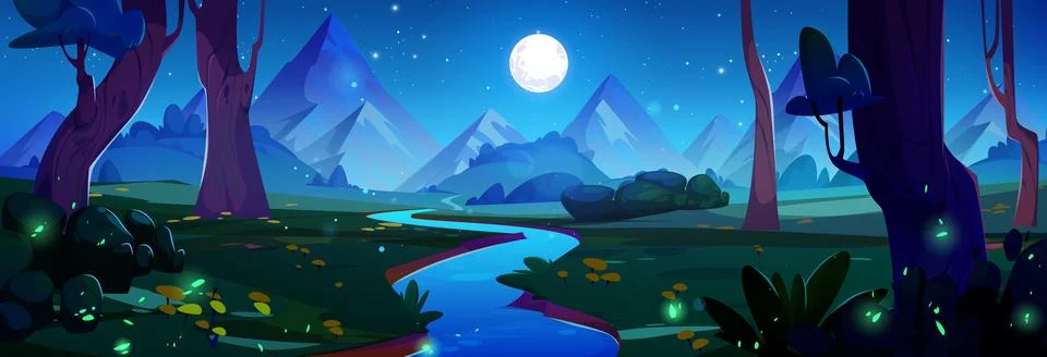 Night mountain river landscape Stock Illustration