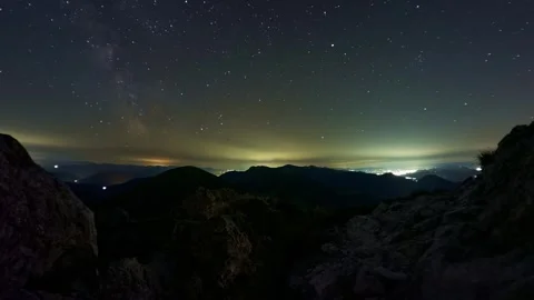 Night Mountain Timelapse with Starry Sky and Distant City Lights 스톡 동영상 313593950