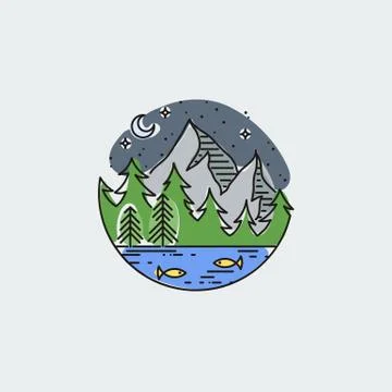 Night mountains. Nature exploration vector vintage poster. Modern flat linear Stock Illustration