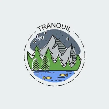 Night mountains. Nature exploration vector vintage poster. Modern flat linear Stock Illustration