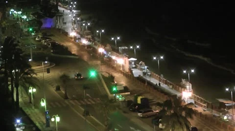 Night moving traffic sea front waves coast Stock Footage 48646984