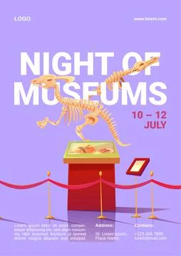 Night of museums poster with dinosaur skeleton Illustrazione stock