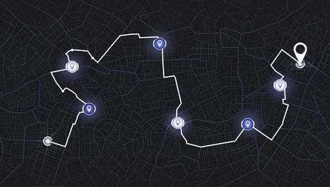 Night navigation map with route line and bright location markers. Vector Stock Illustration