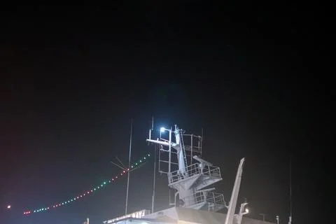 Night Navigation Systems and Radar on Commercial Ship Mast Stock Photos