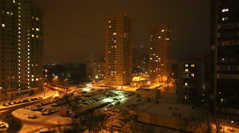 Night New Year firework in yard among high-rise buildings. Stock Footage 37927951