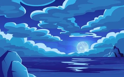 Night ocean landscape with cloud in sky. Dark scene, sea moon horizon, space Illustrazione stock