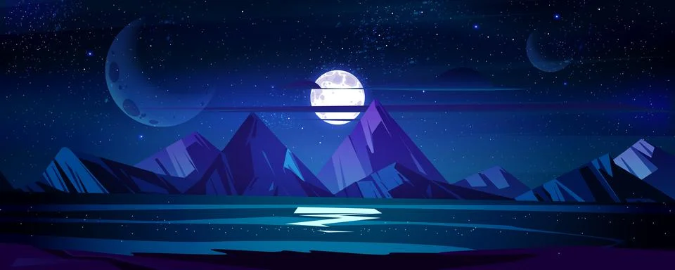 Night ocean landscape, full moon and stars shine Stock Illustration