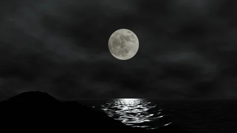 Night Ocean with moon and Clouds Stock Footage 128382090