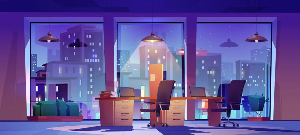 Night office, open space workplace interior design Stock Illustration