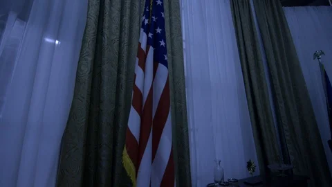 Night in the Oval Office Pull back from American Flag Stock Footage 87721895