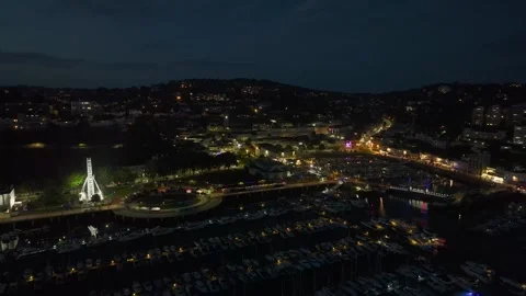 Night over Torquay Marina from a drone, Torquay, Devon, England, Europe Stock Footage 247747087