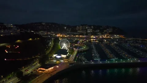 Night over Torquay Marina from a drone, Torquay, Devon, England, Europe Stock Footage 247747143