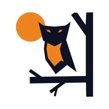Night owl on a tree icon logo concept isolated on white Stock Illustration