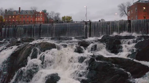 Night Pan Drone Shot Over Waterfall In Downtown Dover New Hampshire Video stock 128193452
