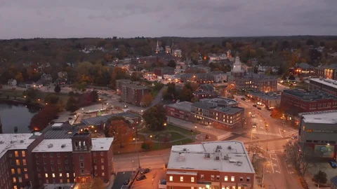 Night Pan Drone Shot Over Downtown Dover New Hampshire Video stock 128193607