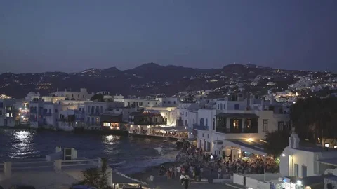 Night pan to the left of little venice on the island of mykonos, greece Stock Footage 69242540