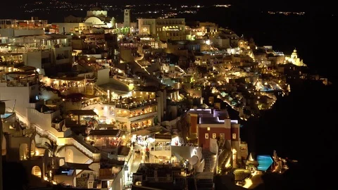 Night Pan To The Left Of The Main Town Of Fira On Santorini Video stock 121443373