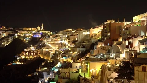 Night Pan To The Left Of The Main Town Of Fira On Santorini Video stock 121443486