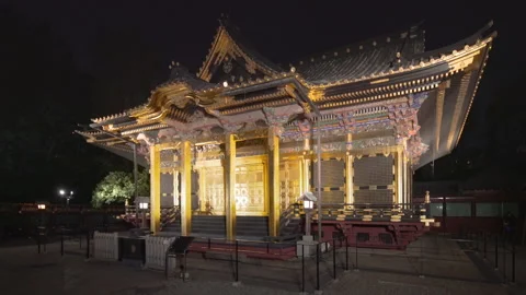 Night pan video of the richly adorned golden foil Ueno Tosho-gu shrine. Stock Footage 152797853