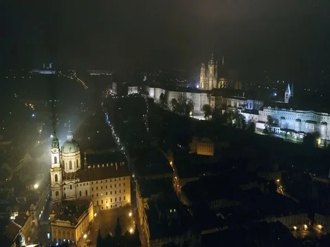 Night panorama of Prague, panoramic view from the air to the Old Town Square Видео 83689851