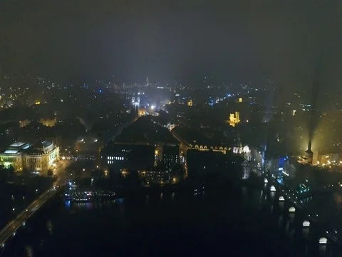 Night panorama of Prague, panoramic view from the air to the old town, lights of Vidéo 83689950