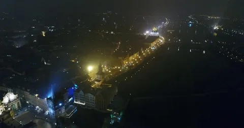 Night panorama of Prague, Panoramic view from the air to St. Vitus Cathedral in Stock Footage 84846183