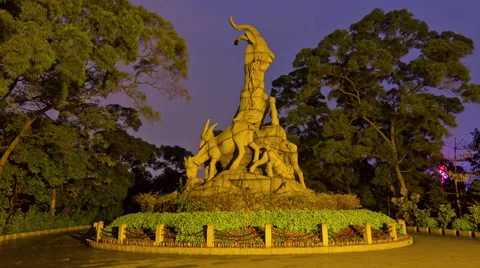 Night panorama statue of five goats yue xiu park 4k time lapse china Stock Footage 54238662